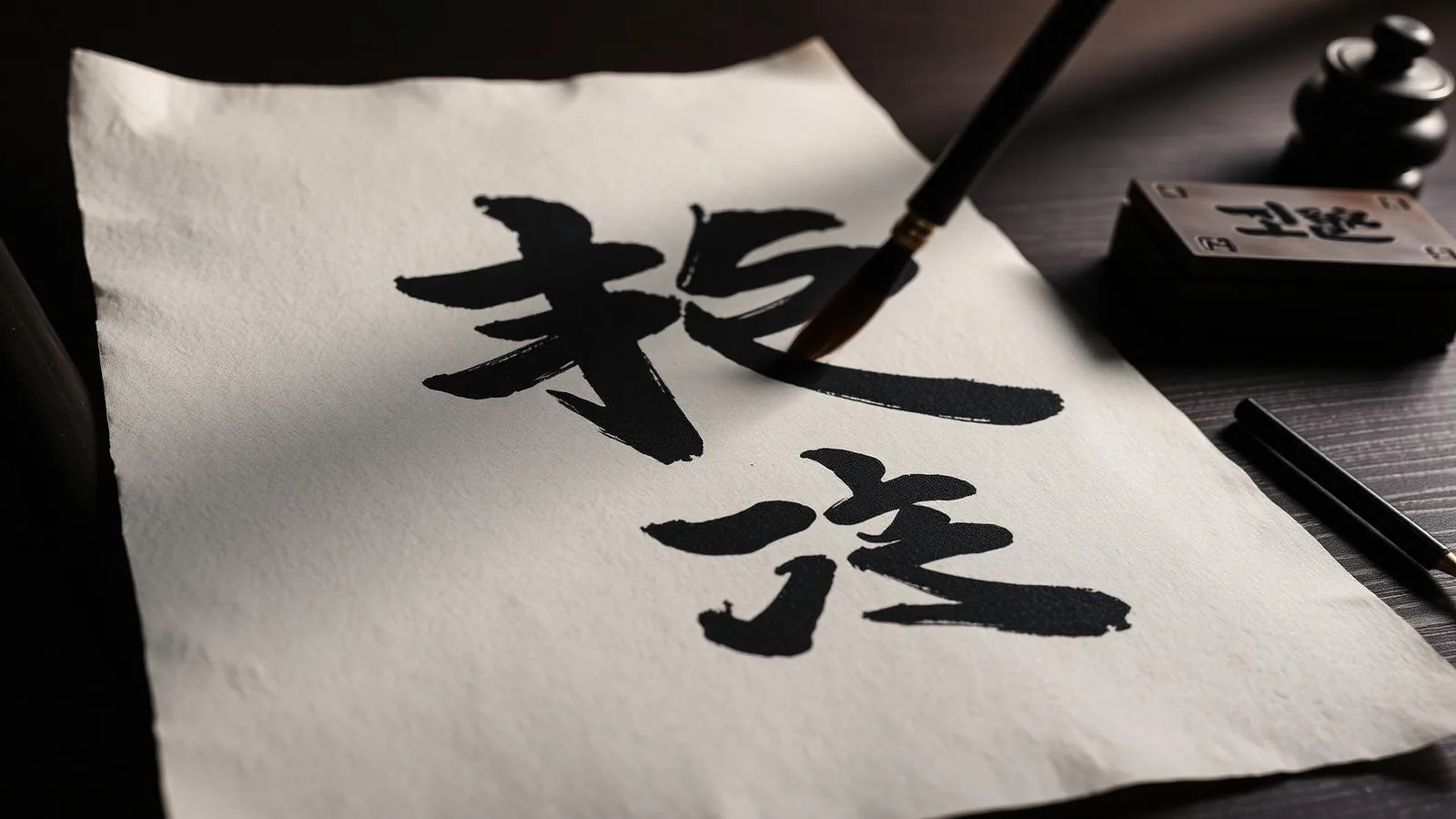 Japán kandzsik írása kalligráfia ecsettel washi papíron