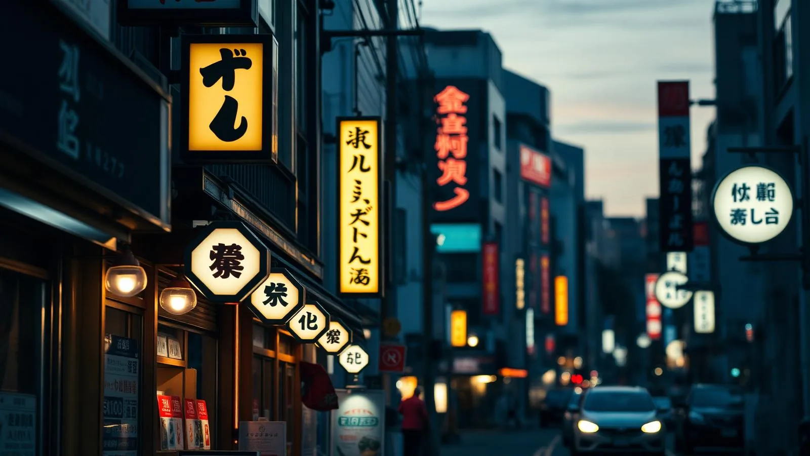 Japán katakana írásjegyek egy tokiói utca világító üzletfeliratain