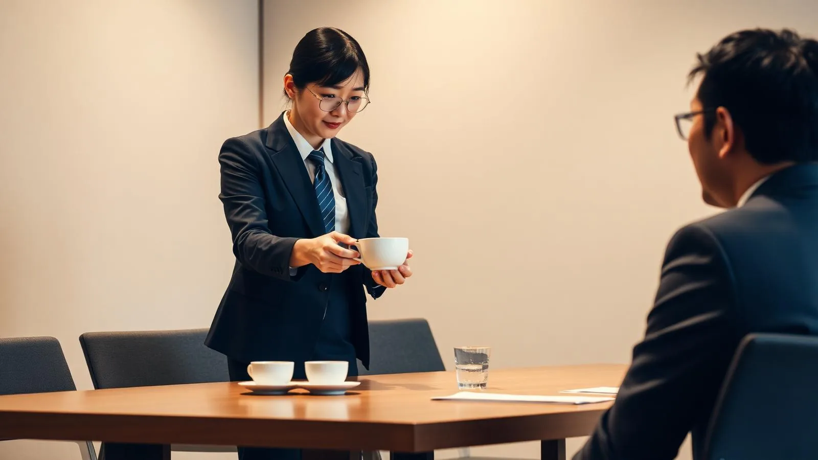 Kenjougo, a japán alázatos nyelv: teafelszolgálás udvarias mozdulattal a tárgyalóban
