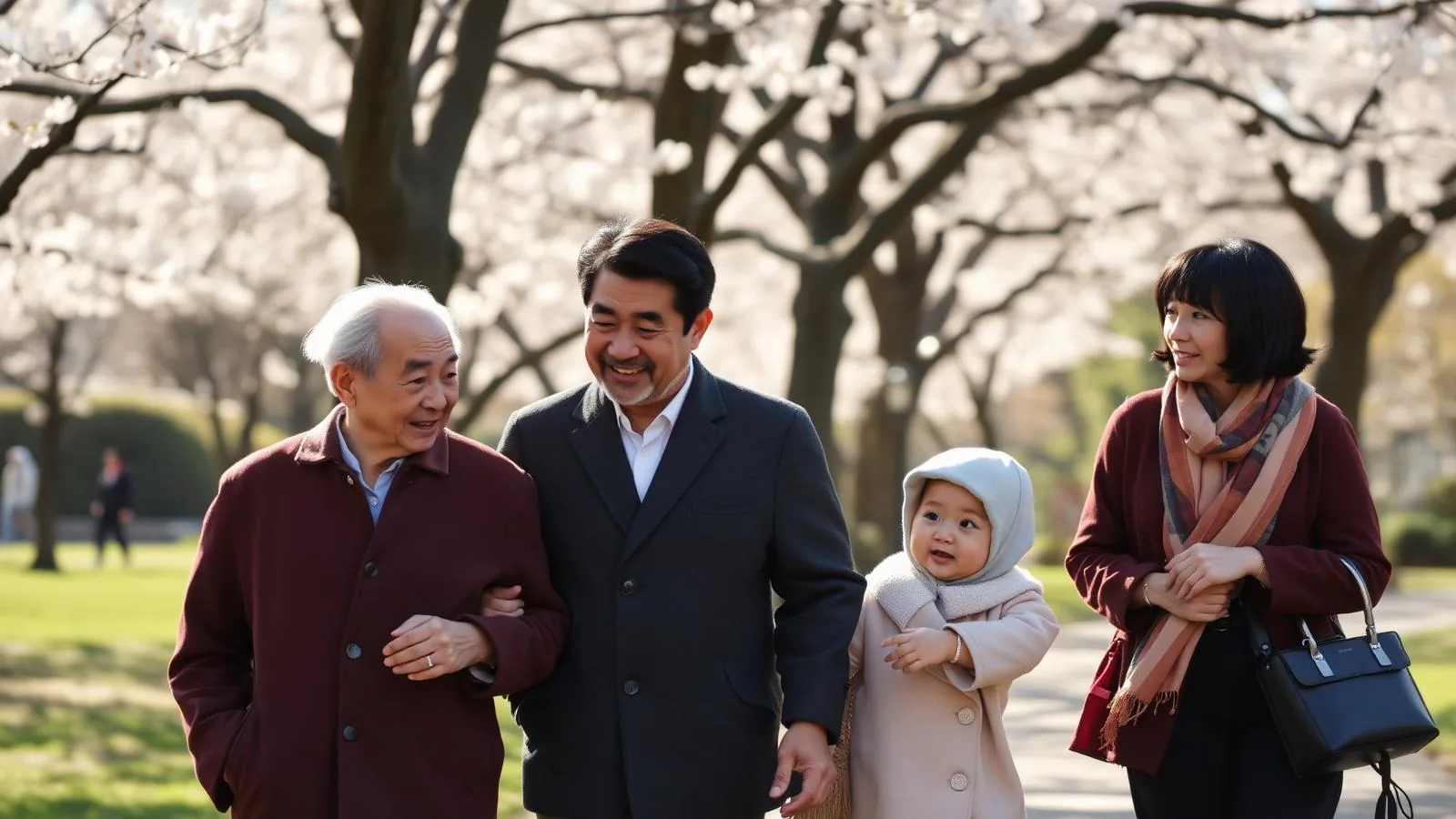 Japán korosztályok nyelvhasználata: többgenerációs japán család sétál a parkban